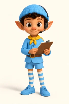 Ziggy, the team lead elf, wearing a headset and holding a clipboard
